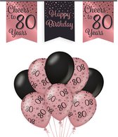 80 Jaar Verjaardag Decoratie Versiering - Feest Versiering - Vlaggenlijn - Ballonnen - Man & Vrouw - Rosé en Zwart