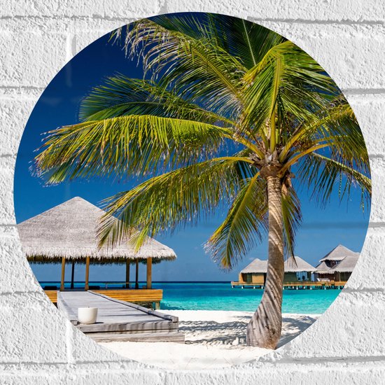 Muursticker Cirkel - Strandhuis op Zee - Malediven - 40x40 cm Foto op Muursticker