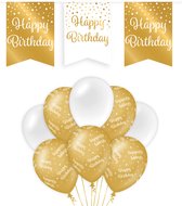 Happy Birthday Verjaardag Decoratie Versiering - Feest Versiering - Vlaggenlijn - Ballonnen - Man & Vrouw - Goud en Wit