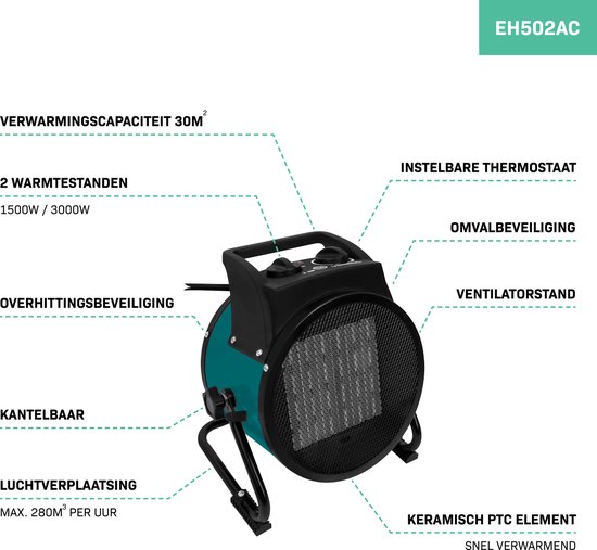 VONROC Elektrische kachel - straalkachel - 3000W - 3 standen - keramisch element - voor ruimten tot 30 m2