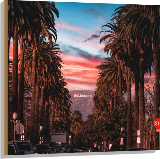 Hout - Los Angeles Hollywood met Palmbomen - 80x80 cm - 9 mm dik - Foto op Hout (Met Ophangsysteem)