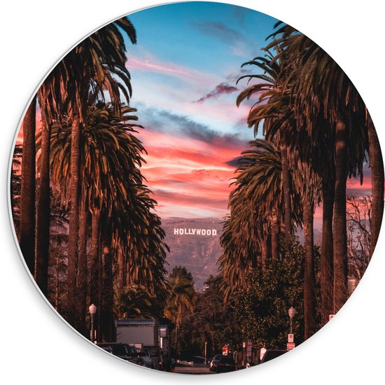 PVC Schuimplaat Muurcirkel - Los Angeles Hollywood met Palmbomen - 30x30 cm Foto op Muurcirkel (met ophangsysteem)