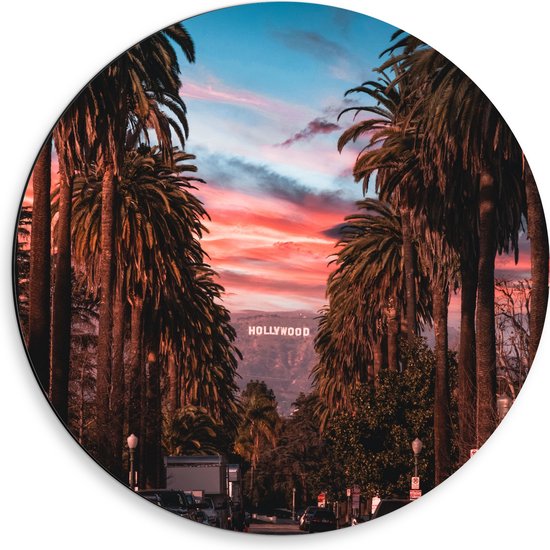 Dibond Muurcirkel - Los Angeles Hollywood met Palmbomen - 50x50 cm Foto op Aluminium Muurcirkel (met ophangsysteem)