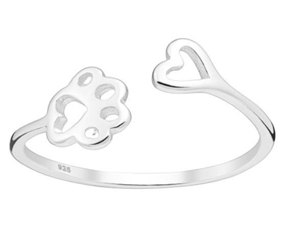 Joy|S - Zilveren hartje en dierenpoot ring - verstelbaar (maat S: zie omschrijving) - hart en poot afdruk aanschuifring - type 5