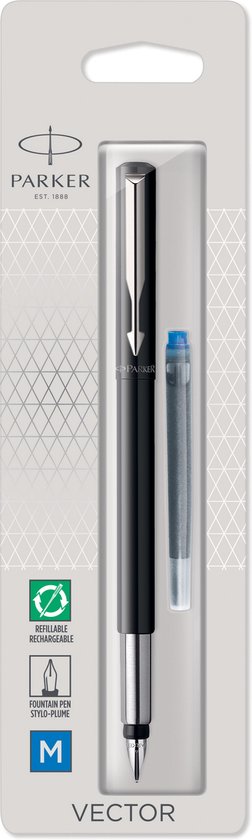 Parker Vector-vulpen | zwart met chrome afwerking | mediumpunt | blauwe inkt | hangtab