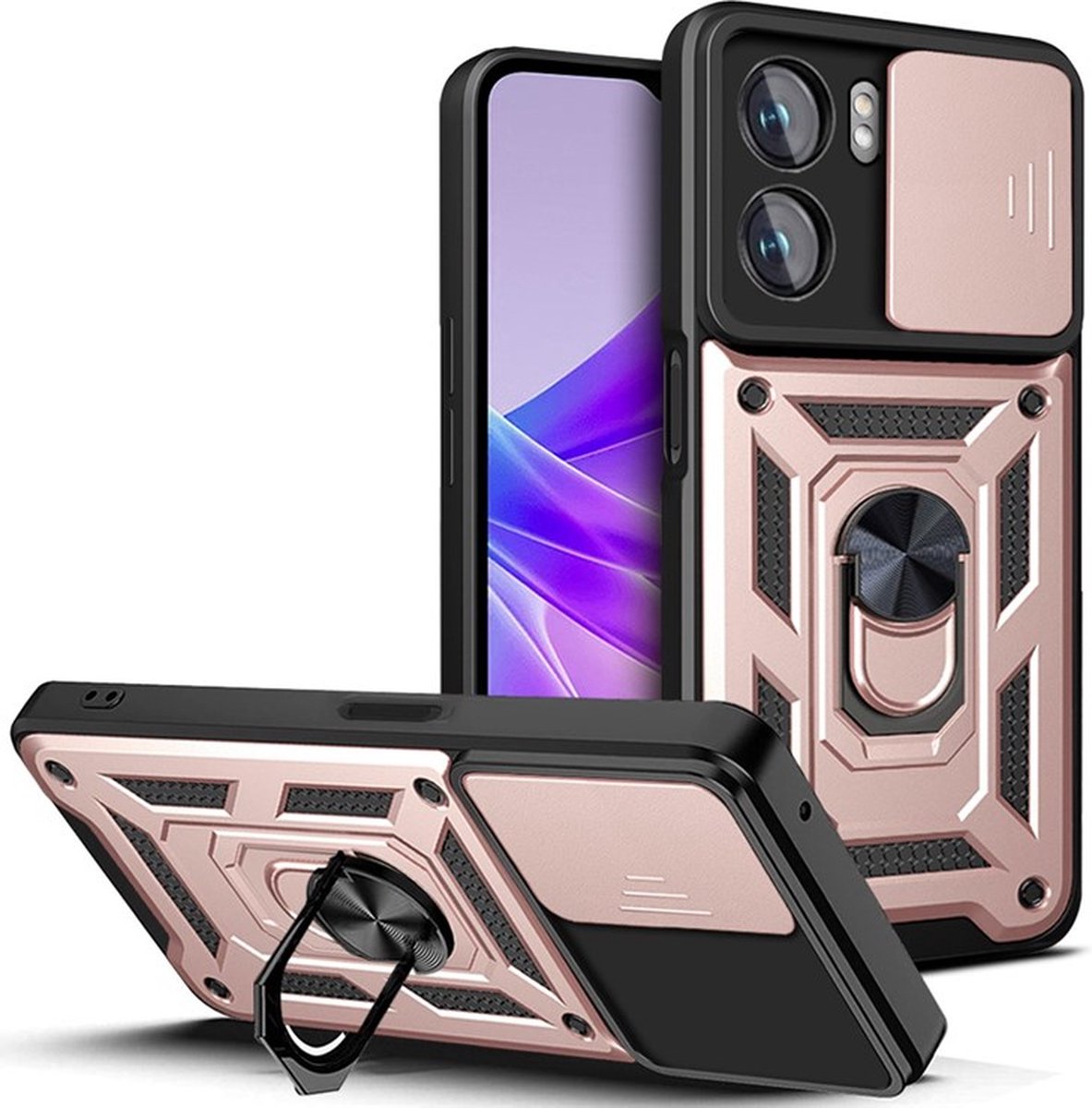 MobyDefend Hoesje - Geschikt voor Oppo A57 / A57s / A77 - Pantsercase Met Draaibare Ring - Rosé