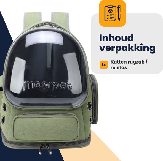 Sac à dos vert pour chat avec dôme transparent, avec le texte 'Contenu de l'emballage : 1x Sac à dos / sac de transport pour chat'.