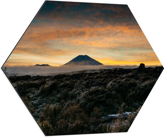 Dibond Hexagon - Vulkaan in de Verte van Prachtitg Landschap - 70x60.9 cm Foto op Hexagon (Met Ophangsysteem)