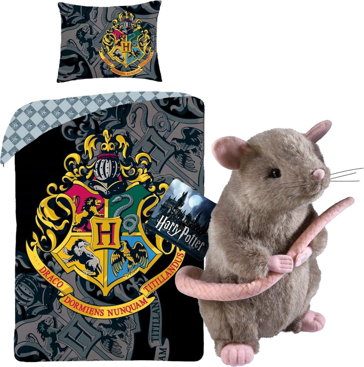Harry Potter Dekbedovertrek- Katoen- 1persoons- 140x200- Dekbed Hogwarts Logo -Zwart, incl. Pluche rat 