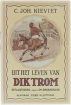 Boekcover met illustratie van Dik Trom die op een ezel rijdt over een brug. Tekst: 'UIT HET LEVEN VAN DIK TROM'.
