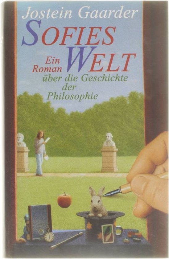 Boek "Sofies Welt" van Jostein Gaarder. Illustratie met een appel, een konijn in een hoed, en een hand die schrijft.