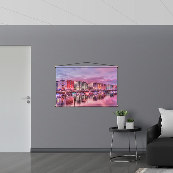 WallClassics - Affiche textile - Maisons colorées au port - 120x80 cm Photo sur textile