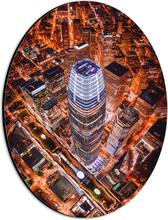 WallClassics - Dibond Ovaal - De Salesforce Tower vanaf boven - 21x28 cm Foto op Ovaal (Met Ophangsysteem)