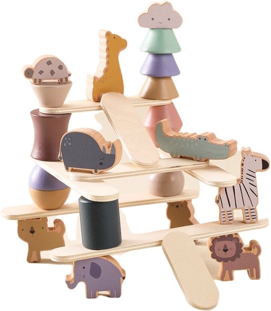 Stapelbare houten dieren, planken en vormen - Bouwen speelgoed – Balansspel - Creatief kinderen - Creatief speelgoed - Safari dieren - Houten speelgoed - Creatief - Bouwen - Houten dieren speelgoed - Blokken - Bouwblokken