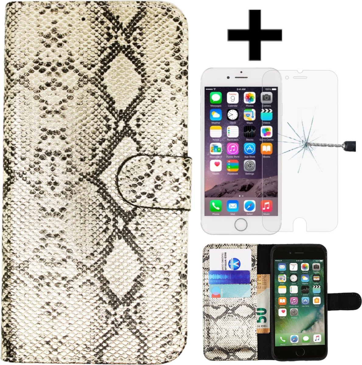 RV slangen print goud met vakken voor pasjes voor iPhone 7 / 8/SE (2020)