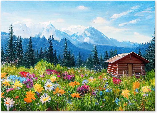 Graphic Message - Schilderij op Canvas - Alpen Hut in de Bergen - Oostenrijk - Bloemen Landschap