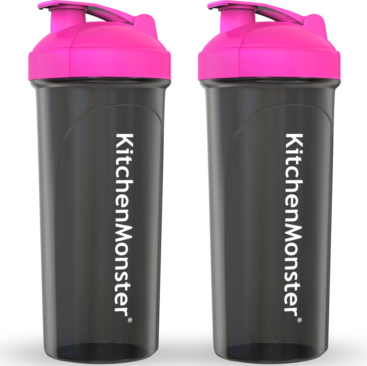 Goedkoopste KitchenMonster® Shakebeker Bidon 700 ml - Set van 2 stuks - Shaker inclusief Mixfilter - Proteïne Shaker Zwart met Roze