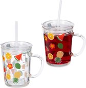 Relaxdays drinkglazen - set van 2 - vruchten - sapglazen- deksel - rietje - transparant