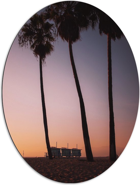 Dibond Ovaal - Palmbomen op Strand met Roze Gele Lucht - 72x96 cm Foto op Ovaal (Met Ophangsysteem)