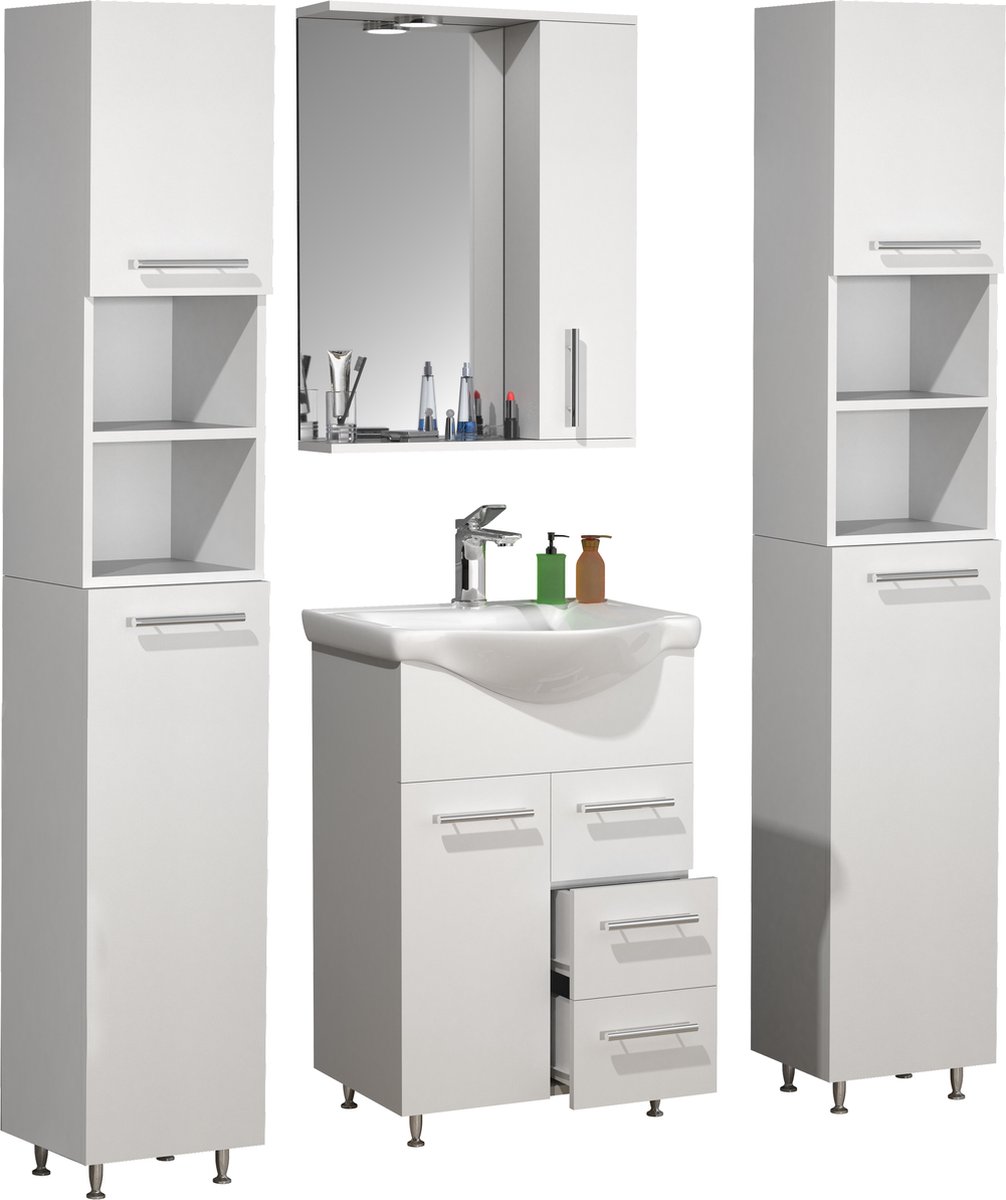 VCM 5-tlg. Waschplatz Waschtisch Badmöbel Set Waschbecken Schublade Spiegelschrank Lisalo L