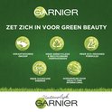 Garnier "Zet zich in voor green beauty" met icoontjes voor verantwoorde inkoop, recyclebare verpakkingen, eco-ontworpen formules, duurzame energie en cruelty-free.