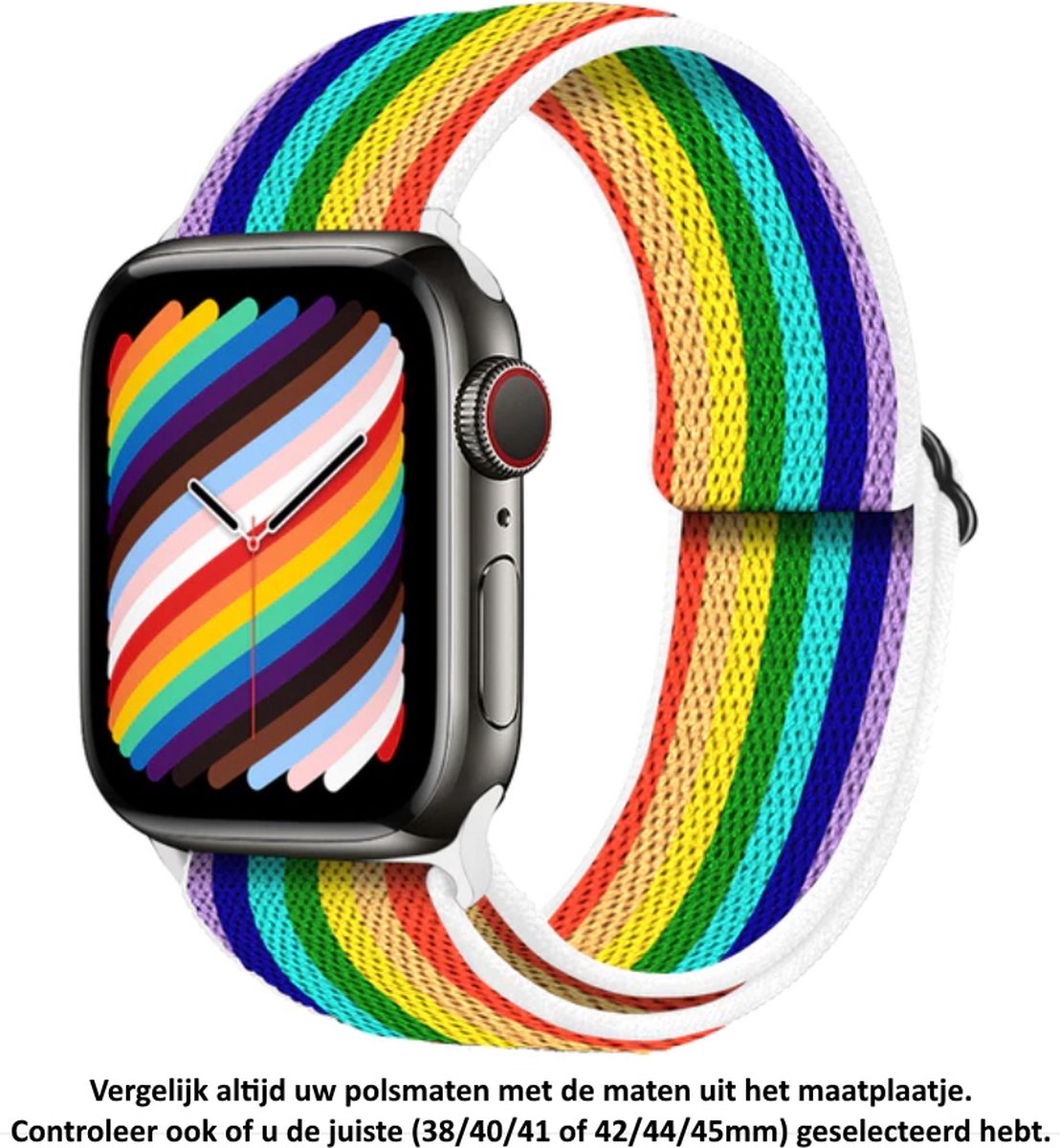 Subtiel Regenboog Kleurige Verstelbare Elastische Nylon Horloge Band geschikt voor Apple Watch 1, 2, 3, 4, 5, 6, 7, 8, SE, 38mm, 40mm & 41mm "Vrouwenbreedte" Series – Maat: zie maatfoto - Zacht Geweven Nylon - 38 mm, 40 mm en 41 mm