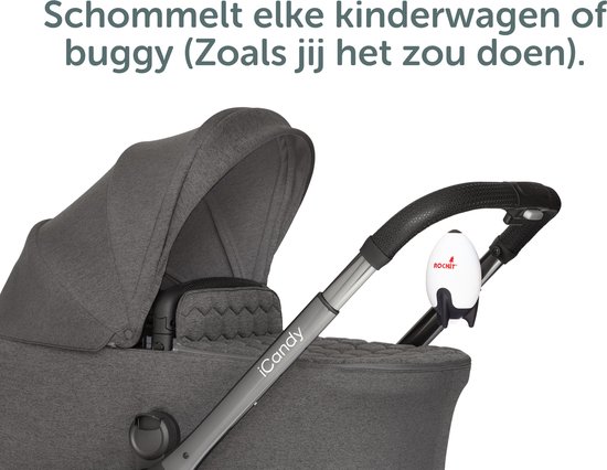 Grijze kinderwagen met witte rakketvormige Rockit babyrocker aan het handvat, 'Schommelt elke kinderwagen of buggy (Zoals jij het zou doen)'.