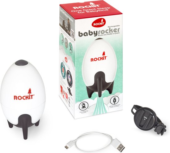 Witte rakketvormige Rockit babyrocker, verpakking en USB-kabel, met zwarte houder.