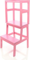 Toboli leertoren, leerstoel roze van hout 43x40x91cm kinderstoel met reling, kinderkruk, keukenkruk, stakruk - Multistrobe