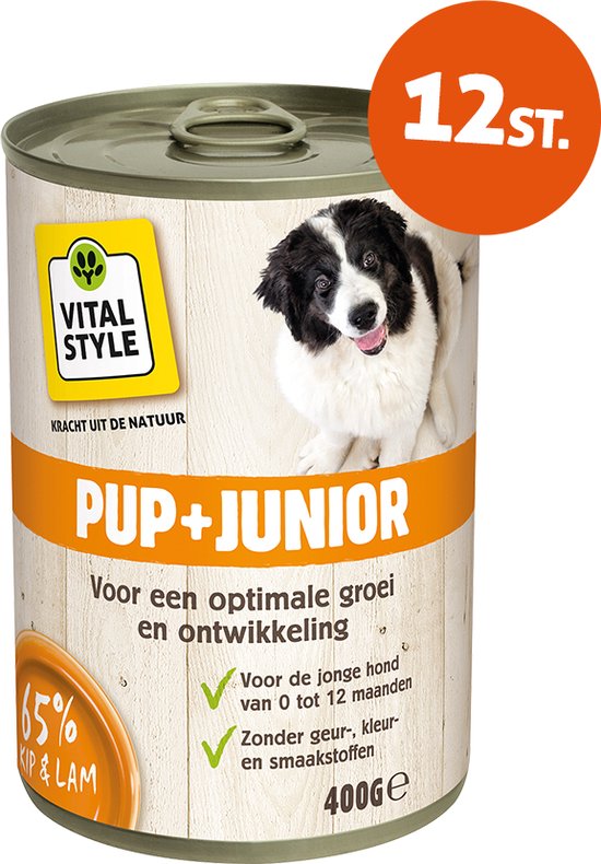 VITALstyle Pup+Junior - Puppyvoer - Natvoer - Ondersteunt Een Geleidelijek Groei - Met o.a. Brandnetel & Zalmolie - 400 g - 12 stuks