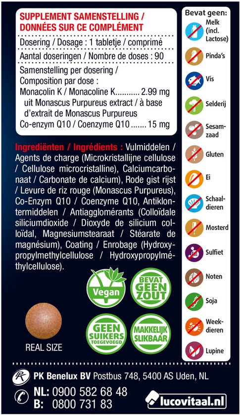 Verpakking Lucovitaal Rode Gist Rijst met 90 tabletjes en pictogrammen.