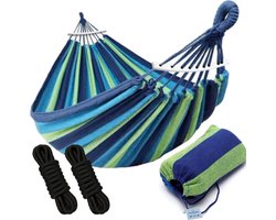 HSXL Dubbele Hangmat Blauw met Spreidstok en Touwen - 1 of 2 Persoons - Lig Oppervlak 190x150cm - Lengte 260cm