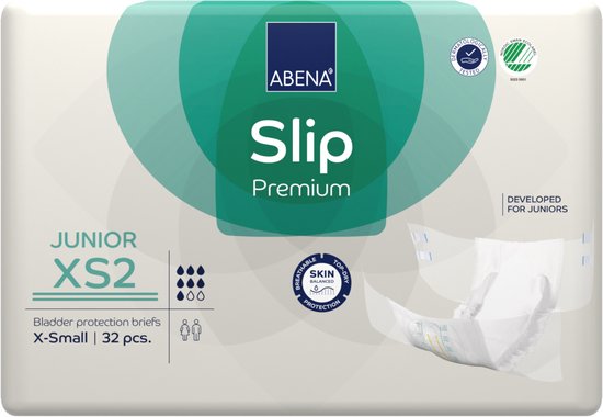 Verpakking van ABENA Slip Junior Premium XS2 incontinentiebroekjes. De verpakking is wit met groene en blauwe opdruk en toont een afbeelding van het product.
