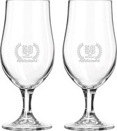Gegraveerde set bierglazen op voet 49cl Gefeliciteerd 50 jaar getrouwd