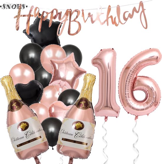 16 Jaar Verjaardag Cijferballon 16 - Feestpakket Snoes Ballonnen Pop The Bottles - Rose Zwart Versiering
