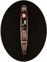 WallClassics - PVC Schuimplaat Ovaal - Bovenaanzicht van Visser in Smal Houten Vissersbootje op Donker Water - 60x80 cm Foto op Ovaal (Met Ophangsysteem)