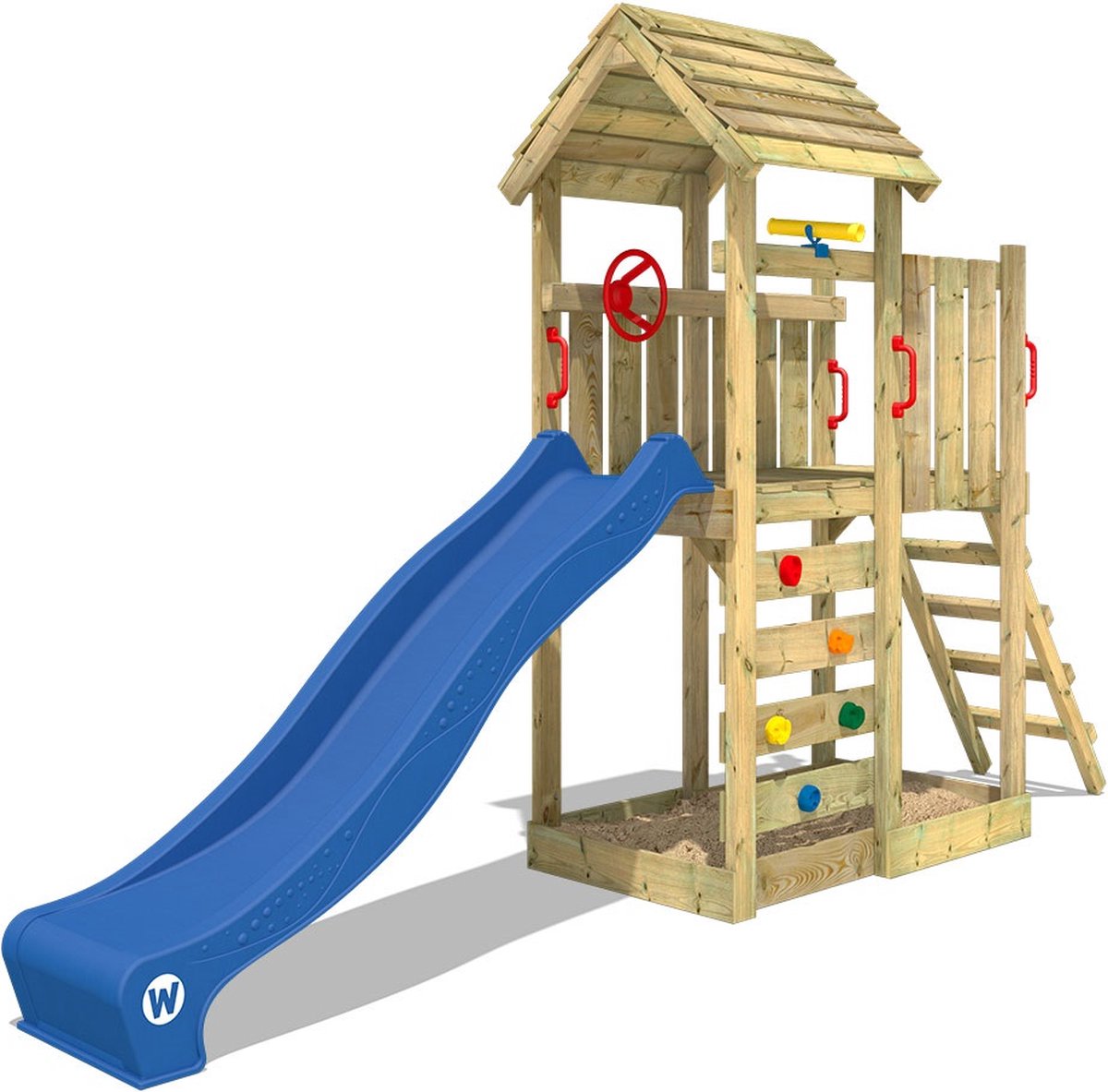 WICKEY speeltoestel klimtoestel JoyFlyer met houten dak & blauwe glijbaan outdoor kinderspeeltoestel met zandbak ladder & speelaccessoires voor de tuin