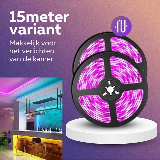 BYER RGB LED Strip Licht 15 Meter - Muzieksynchronisatie + Kleurverandering - Ingebouwde Microfoon - App Bediening + Afstandsbediening - Verlichting - 5050 RGB Led (5M/10M/15M/20M/30M)