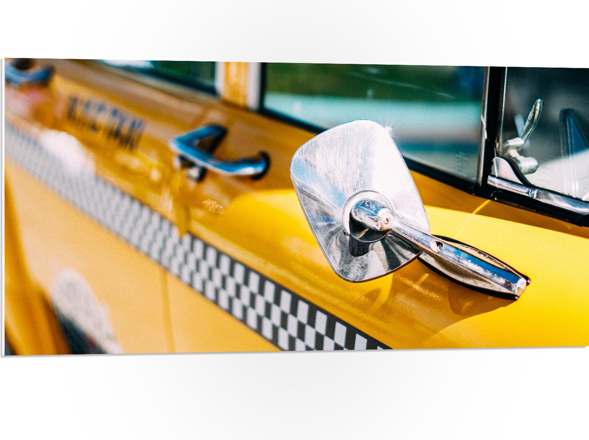 PVC Schuimplaat- Close-up van Spiegel aan Gele Schoolbus - 100x50 cm Foto op PVC Schuimpla