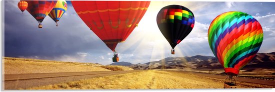 WallClassics - Acrylglas - Groep Luchtballonnen in Verschillende Kleuren boven Droog Landschap - 60x20 cm Foto op Acrylglas (Met Ophangsysteem)