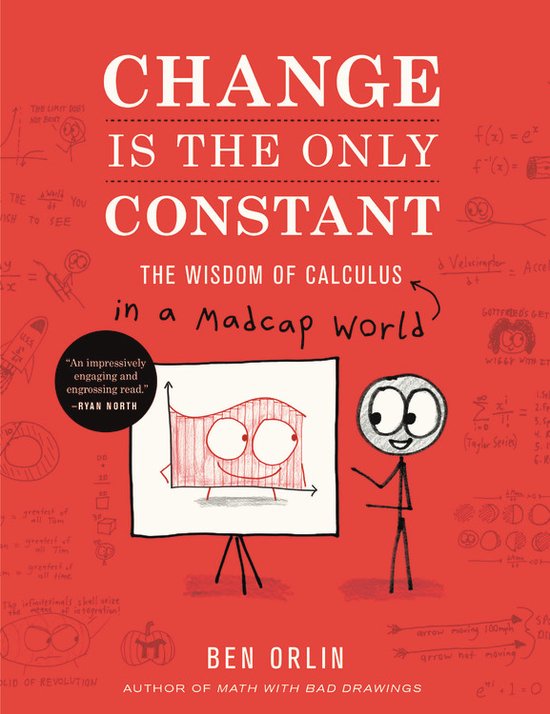 Couverture du livre "Change Is the Only Constant" sur fond rouge, avec le titre et des formules mathématiques. Une petite silhouette dessinée présente un graphique.