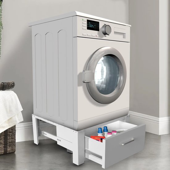 Vonia Wasmachine Verhoger - Wasmachine Verhoger met lade - Wasmachine Sokkel - Wasmachine Kast - Wasmachine ombouw - 63x54x31 - Wit - vonia