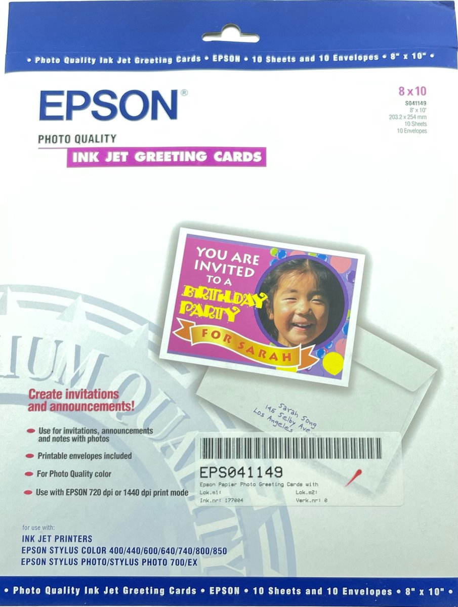 Epson - Foto Wenskaarten Inkjetpapier - 8x10'' - 10 vellen + 10 enveloppen