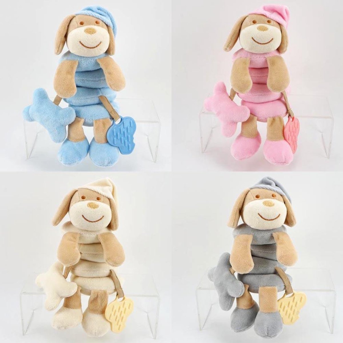 Knuffel hond BEIGE spiraal hond knuffels voor kinderwagen met rammelaar, piepgeluidje...