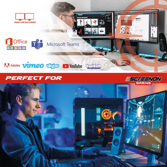 Een man werkt aan twee computermonitoren. Hieronder een jongeman die een gaming-pc gebruikt met RGB-verlichting.