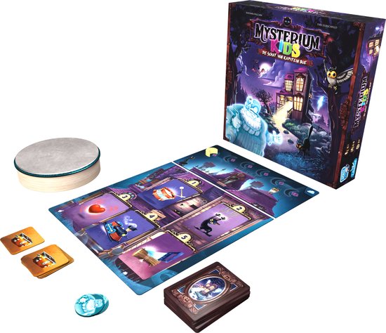 Mysterium Kids bordspel met speelbord, kaarten, token en doos.