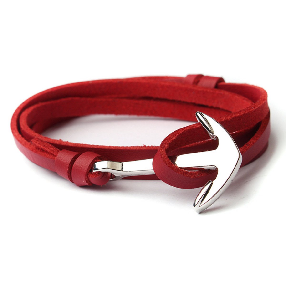 Kungu luxe rope armband voor heren en dames - Leder Rood - Zilveren Anker - Outdoor Milano line - Cadeau - Geschenk - Voor Man - Vrouw - Armbandje - Jewellery