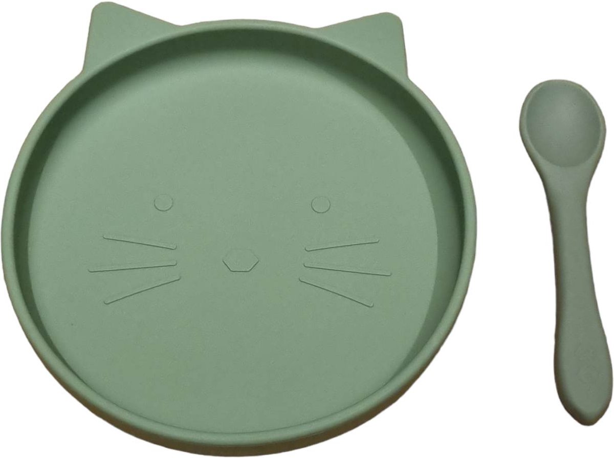 Goedkoopste JU&MP Bord Zuignap Poes met Babylepel - Baby - Kinderservies - Kinderbord - Onbreekbaar - Groen