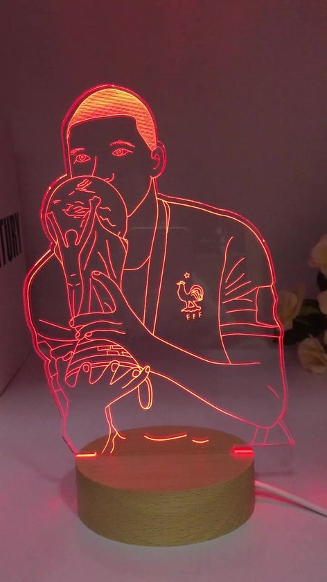 Voetbal étoile Kylian Mbappe en bois 3D lampe 7 couleurs chevet
