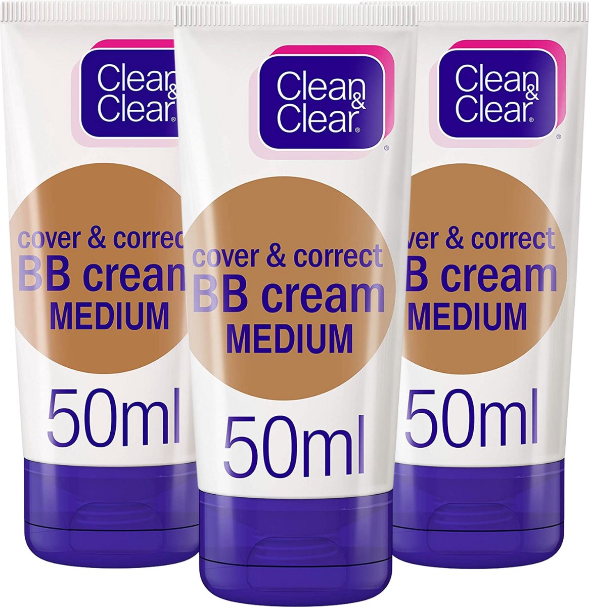 Clean & Clear BB Cream Medium - Oil Free - 3 x 50 ml - Olie Vrije BB Creme - Verstopt de Poriën Niet - Geschikt voor Gevoelige Huid
